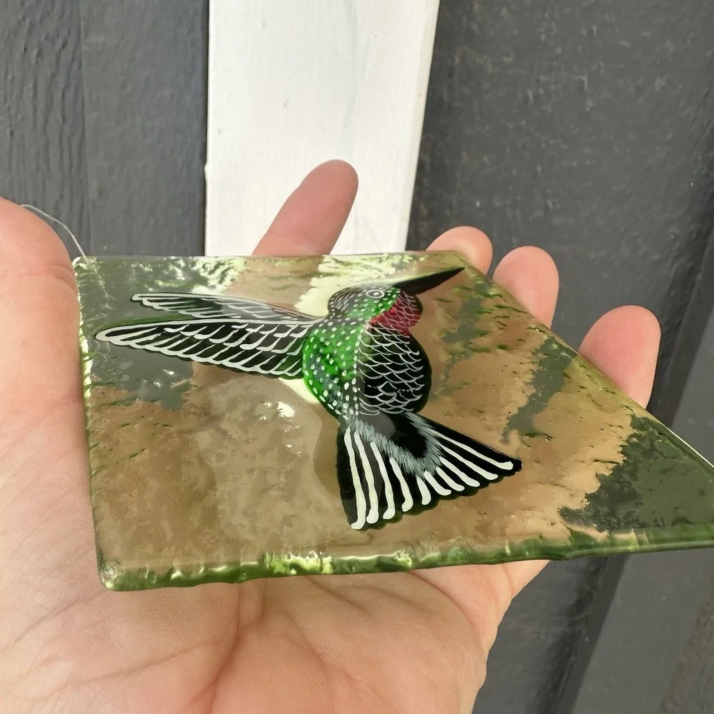 Vintage Hummingbird Suncatcher Stained Glass Diamond Window Hang Ruby-Throated
